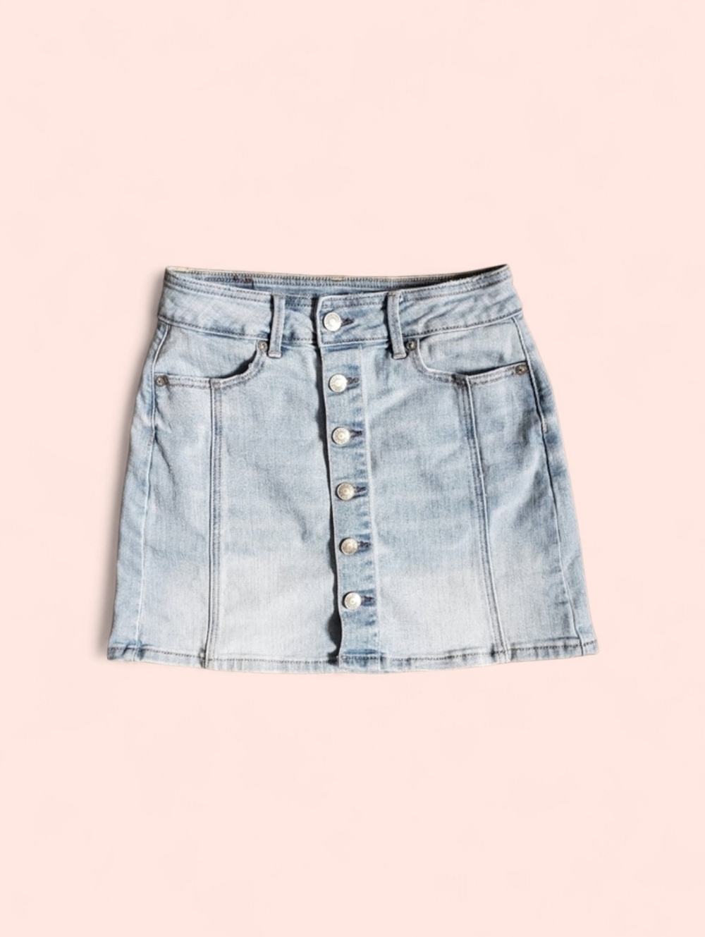 American Eagle Hi-Rise Denim Mini Skirt Size 00 Stretch Fitted A-Line Light Wash